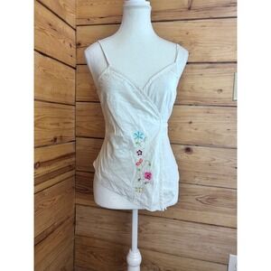 Vintage White Floral Embroidered Wrap Camisole Tie Back Boho Tank Top Medium